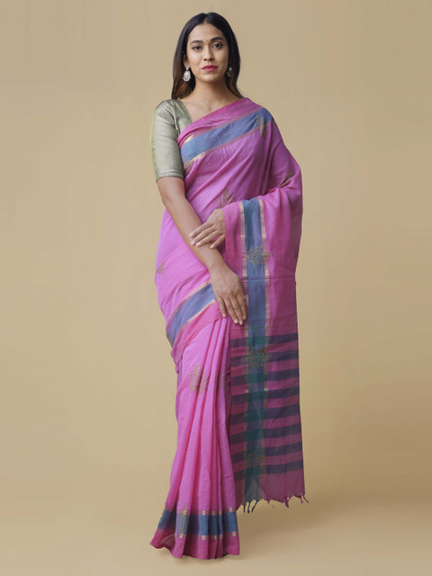 

Unnati Silks Pink Pure Cotton Handloom Embroidered Mangalagiri Saree