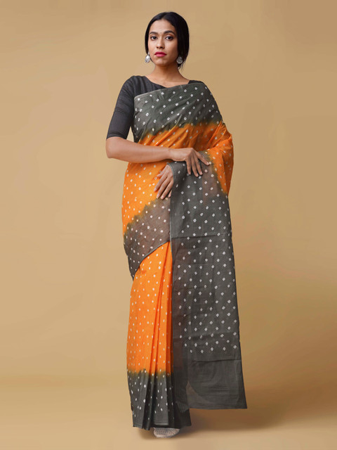 

Unnati Silks Yellow & Grey Pure Cotton Dyed Bandhani Handloom Saree