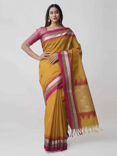 

Unnati Silks Yellow Silk Cotton Woven Design Handloom Kanjeevaram Saree