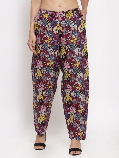 

TAG 7 Women Maroon & Yellow Smart Regular Fit Printed Regular Trousers