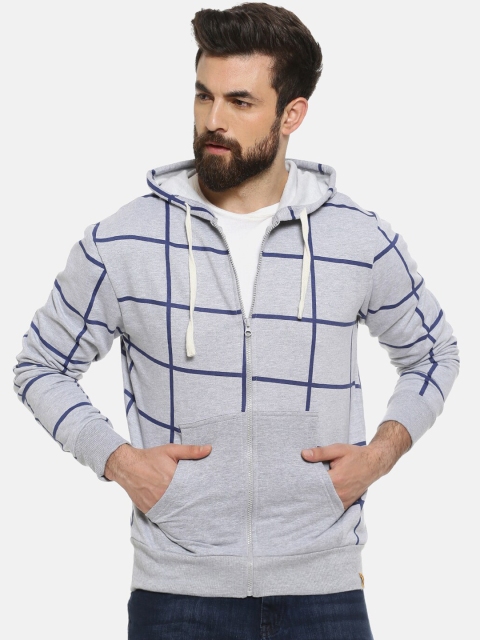 

Campus Sutra Men Grey Checked Hooded Sweatshirt