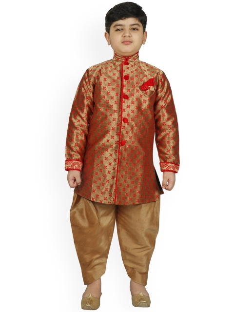 

SG YUVRAJ Boys Gold-Coloured & Red Raw Silk Sherwani Set