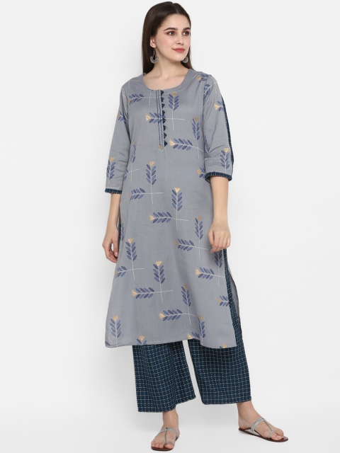 

ZOEYAMS Women Grey & Blue Printed Kurta with Trousers