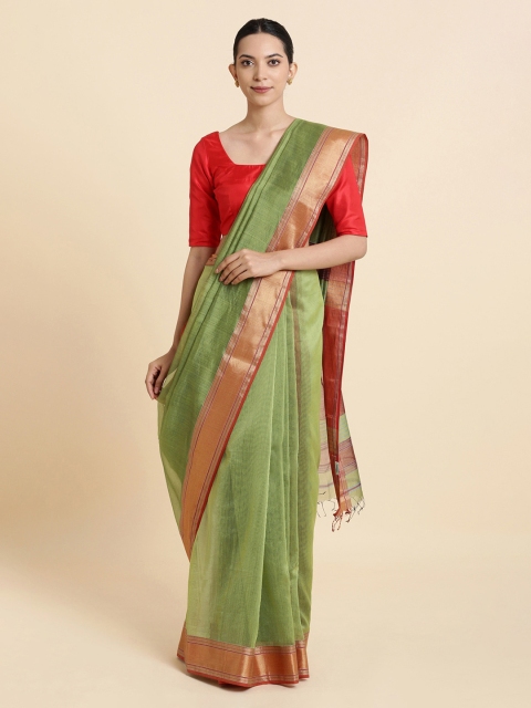 

Taneira Green & Beige Silk Cotton Striped Maheshwari Saree