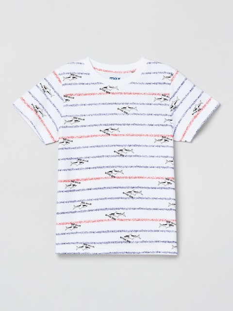 

max Boys White & Blue Striped Round Neck T-shirt