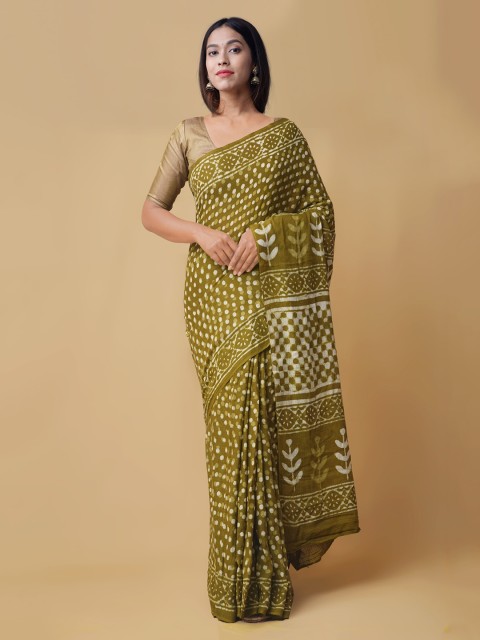 

Unnati Silks Olive Green Pure Cotton Printed Handloom Kota Saree