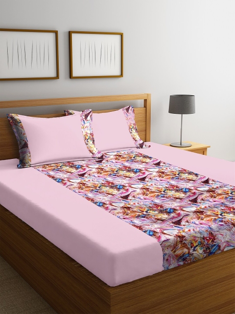 

DECOREALM Pink Abstract 300 TC Poly Satin 1 Queen Bedsheet with 2 Pillow Covers