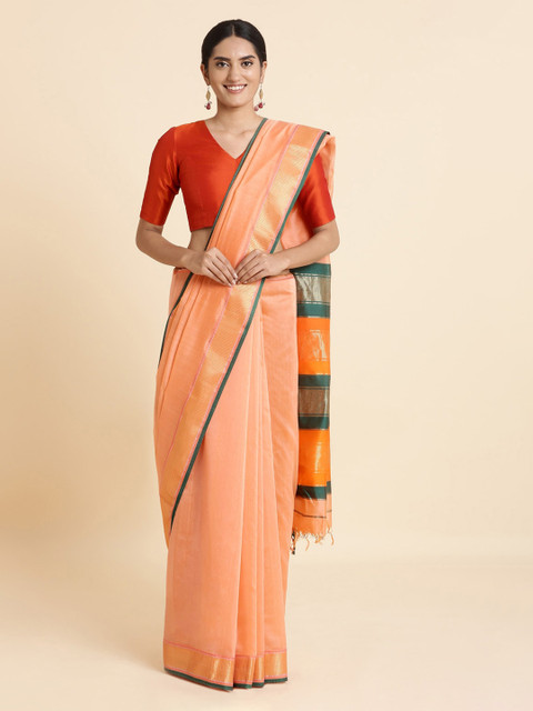 

Taneira Peach-Coloured Handwoven Solid Maheshwari Sustainable Saree