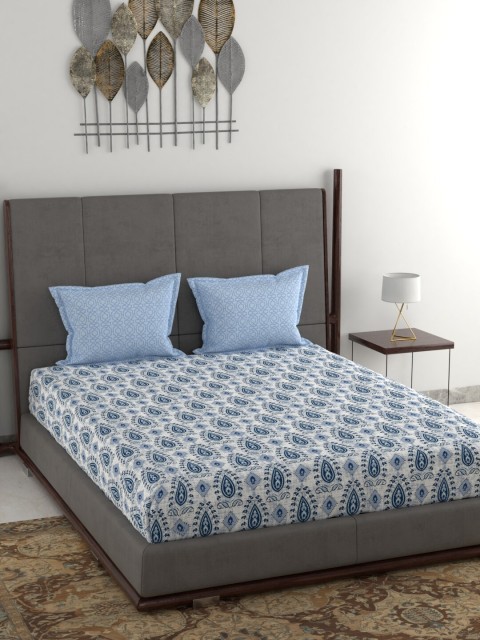

Trident Off-White & Blue Ethnic Motifs 144 TC Cotton 1 Queen Bedsheet with 2 Pillow Covers