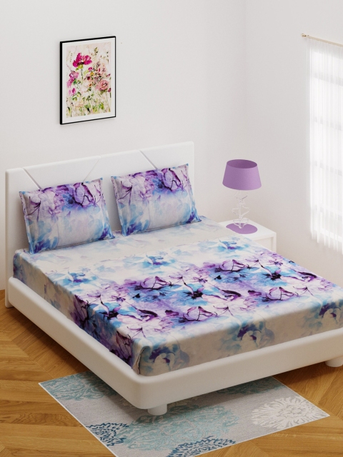 

BOMBAY DYEING Blue & Lavender Floral 144 TC Cotton 1 Queen Bedsheet with 3 Pillow Covers