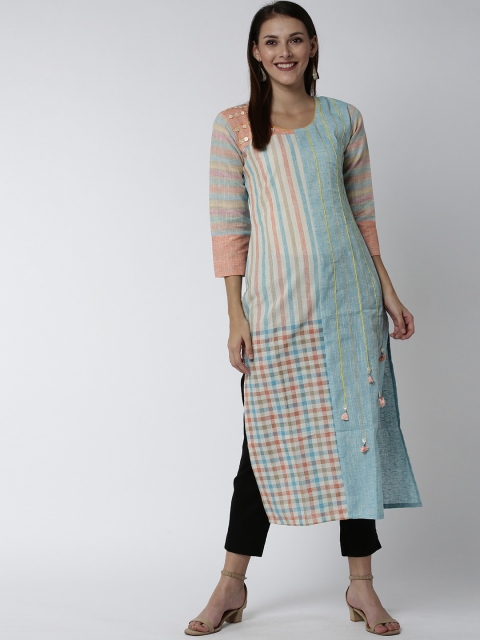 

Soch Women Blue & Off-White Striped Straight Kurta