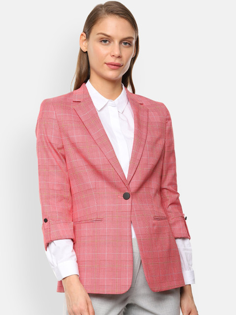 

Van Heusen Women Red & White Checked Regular-fit Single-Breasted Formal Blazer