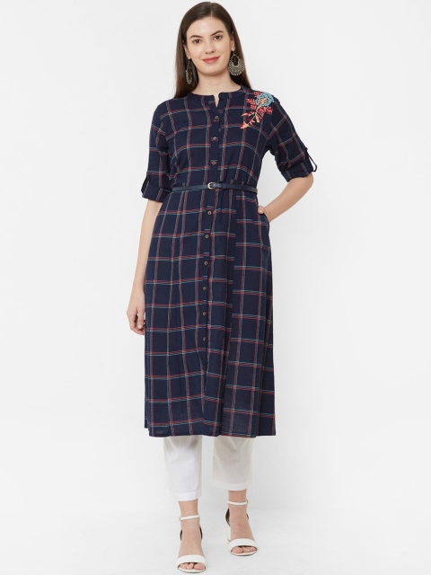 

Juliet Women Navy Blue & Red Checked Straight Kurta