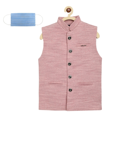 

Lil Tomatoes Boys Peach Woven Design Nehru Jacket With Face Mask