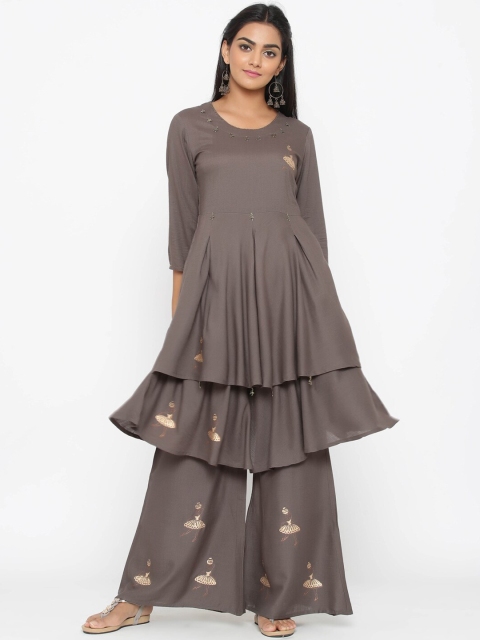 

WomenMagic Women Grey Printed Kurta with Sharara
