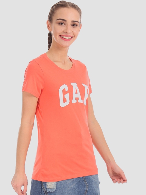 GAP Women Coral Short Sleeve Crew Neck Logo T-Shirt, Orange
