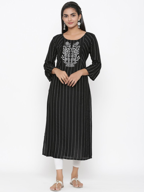 

Yufta Women Black Embroidered A-Line Kurta