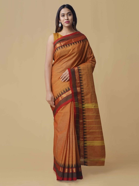 

Unnati Silks Orange Pure Cotton Striped Chettinad Saree