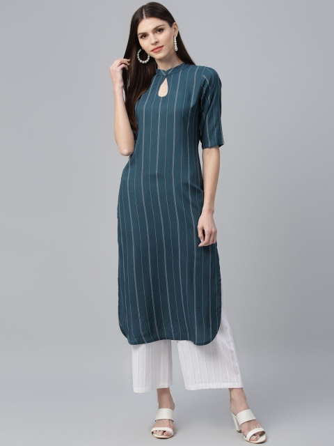 

Libas Women Blue Striped Straight Kurta