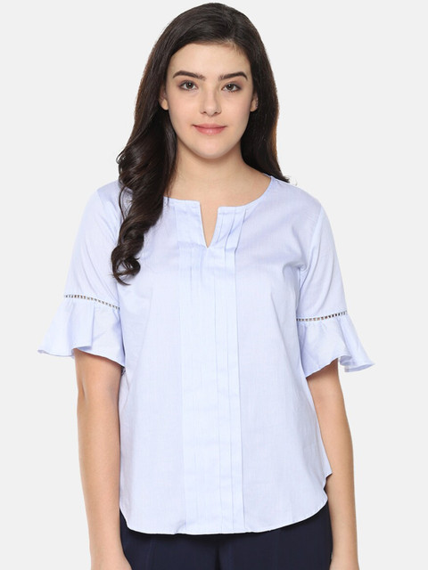 

Van Heusen Women Pastel Blue & White Pinstriped Top