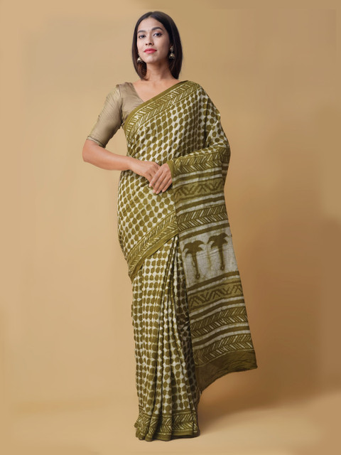 

Unnati Silks Green & White Pure Cotton Checked Kota Saree