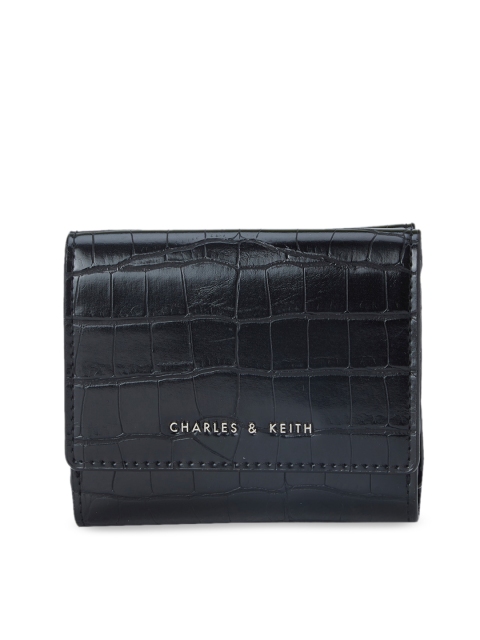 

CHARLES & KEITH Women Black Crocskin Textured Two Fold Wallet