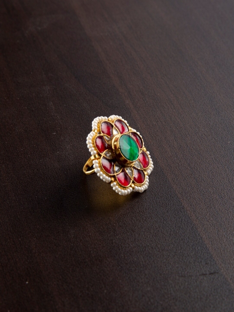 

MORKANTH JEWELLERY Gold-Plated Pink & Green Pachi Kundan-Studded Finger Ring