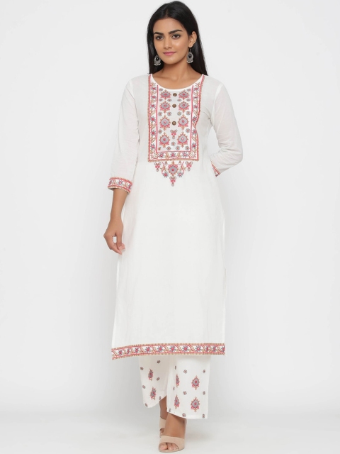 

WomenMagic Women White & Pink Embroidered Kurta with Palazzos