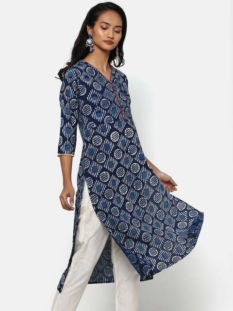 

Saaki Women Navy Blue & Off-White Printed A-Line Kurta