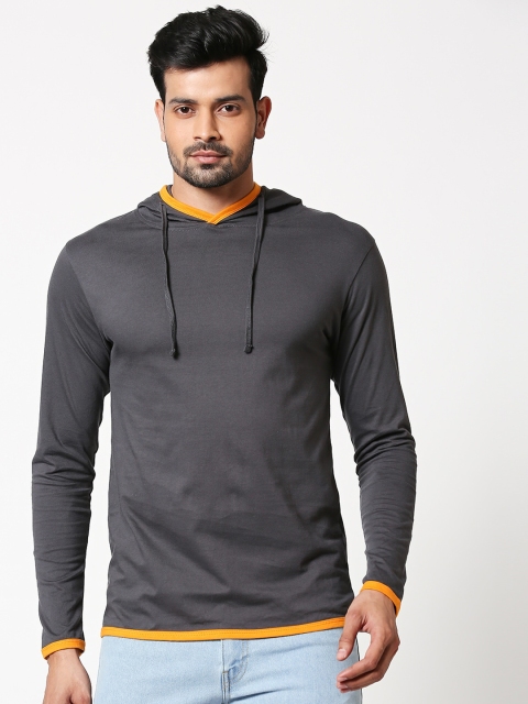

Bewakoof Men Charcoal Grey & Mustard Yellow Colourblocked Hood T-shirt