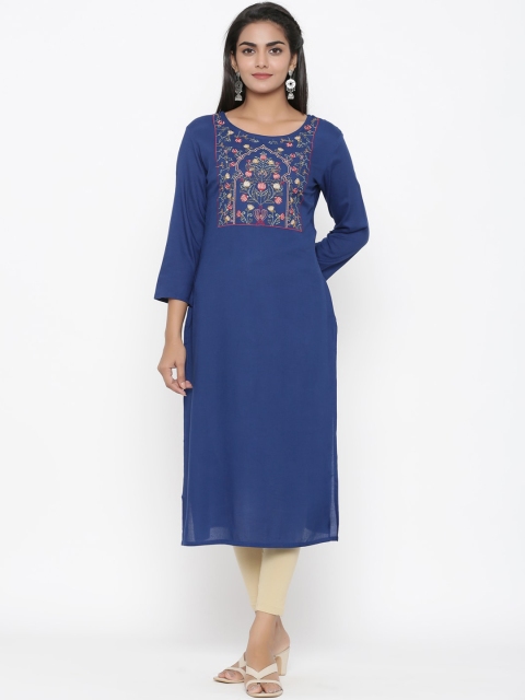 

Yufta Women Navy Blue & Red Yoke Design Straight Kurta