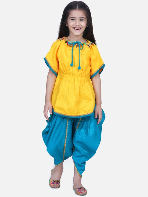 

BownBee Girls Yellow & Blue Solid Kurti with Dhoti Pants