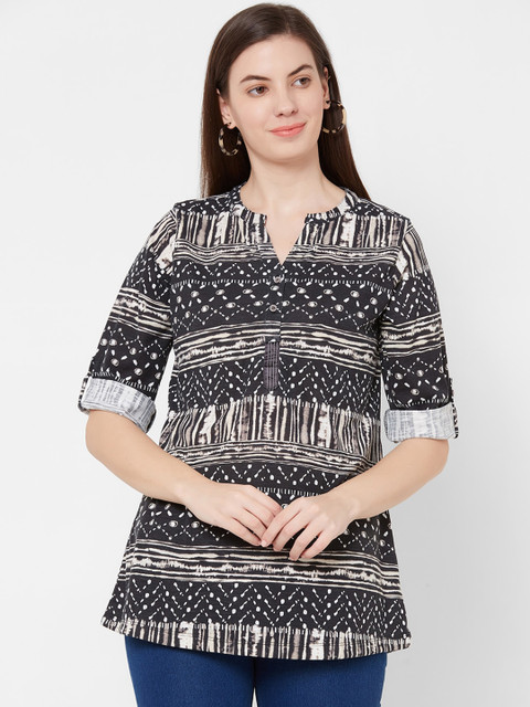 

Juliet Women Black & Beige Printed Longline Pure Cotton Top
