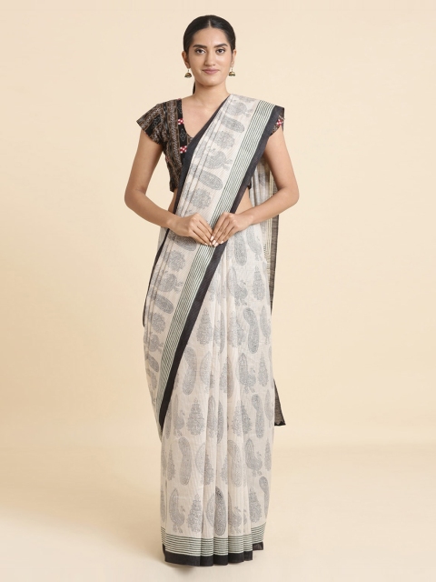 

Taneira Cream-Coloured & Black Hand Block Printed Tussar Sustainable Saree