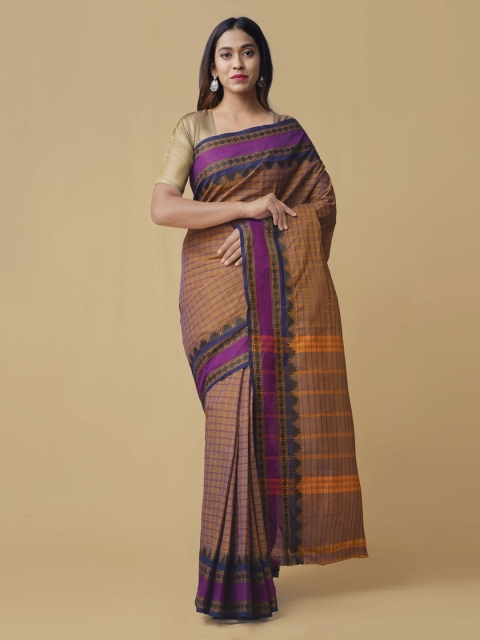 

Unnati Silks Orange & Pink Pure Cotton Checked Chettinad Saree