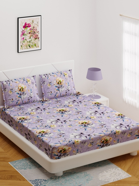 

BOMBAY DYEING Purple Floral 144 TC Cotton 1 Queen Bedsheet with 3 Pillow Covers