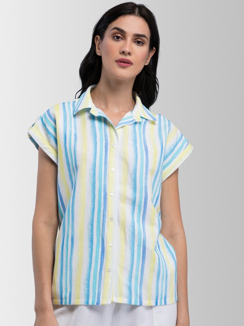 

FableStreet Women Blue & Yellow Regular Fit Striped Casual Shirt