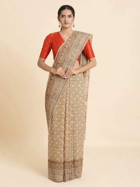 

Taneira Cream-Coloured Pure Cotton Hand Block Printed Machilipatnam Saree