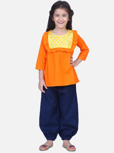 

BownBee Girls Orange & Navy Blue Yoke Design Kurta with Harem Pants