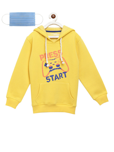 

Lil Tomatoes Boys Yellow & Blue Printed Hooded Sweatshirt