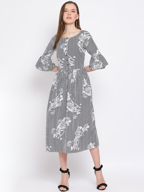 

ALL WAYS YOU Women Black Striped Fit and Flare Dress