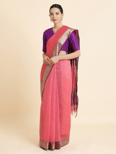 

Taneira Pink & Gold-Toned Solid Maheshwari Sustainable Saree