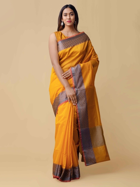 

Unnati Silks Yellow & Navy Blue Silk Cotton Woven Design Kanjeevaram Saree