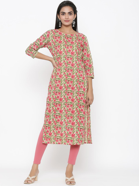 

Yufta Women Green & Pink Floral Printed Straight Kurta