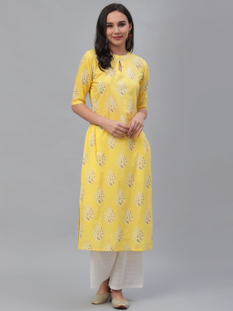 

GERUA Women Yellow Floral Printed Regular Pure Cotton Kurta with Trousers
