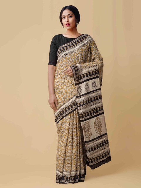 

Unnati Silks Beige & Black Pure Cotton Bagru Print Kota Saree