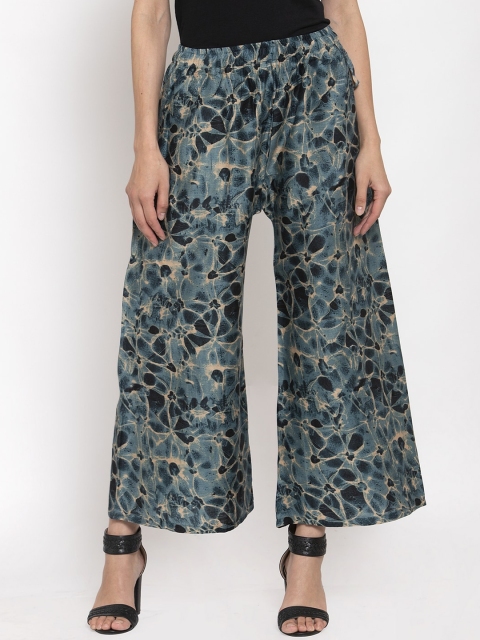 

TAG 7 Women Blue & Black Printed Straight Palazzos