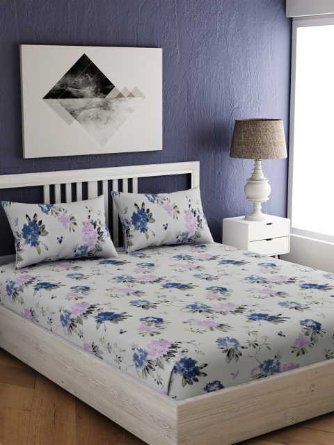

EverHOME Off-White & Blue Floral 210 TC Cotton 1 Extra Large Bedsheet with 2 Pillow Covers