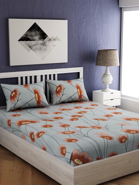 

EverHOME Grey & Orange Floral 210 TC Cotton 1 Extra Large Bedsheet with 2 Pillow Covers