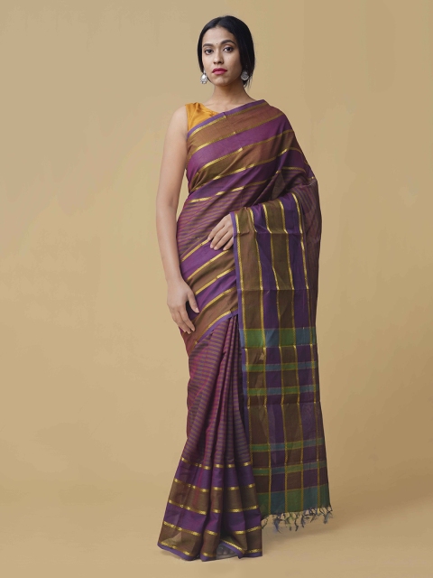 

Unnati Silks Violet & Green Pure Cotton Striped Kanjeevaram Saree